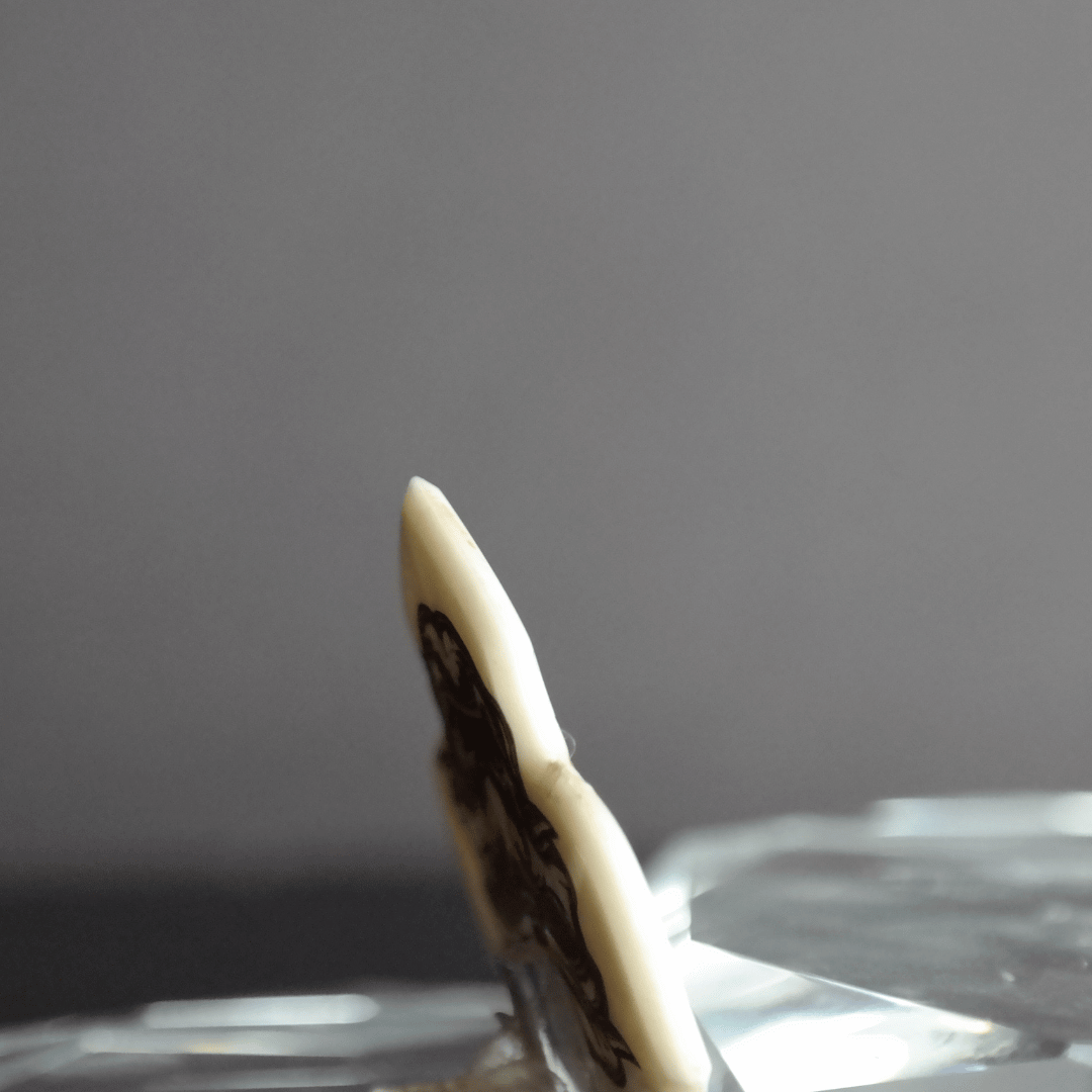 A Knc Picks handmade 2.0mm bone guitar pick featuring a detailed, laser-engraved Samurai Katana sword design.