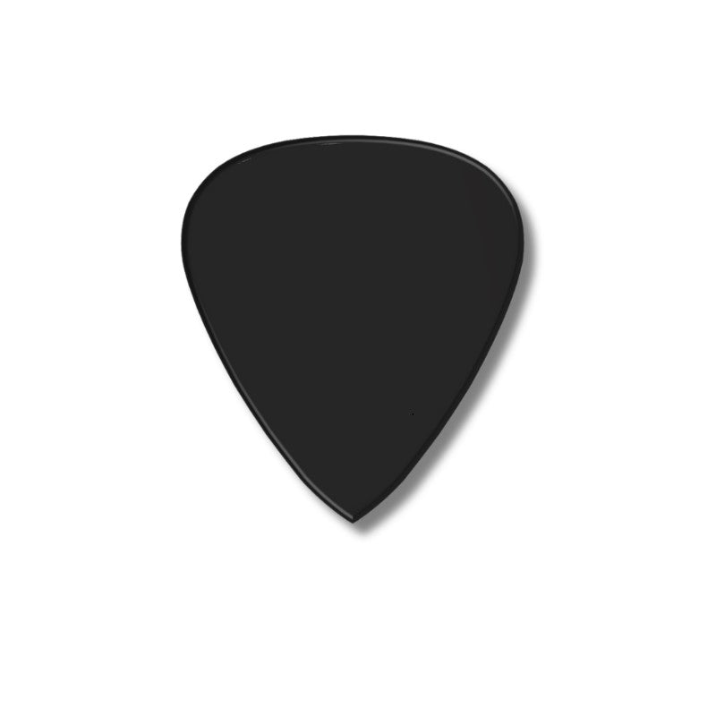 A close-up of a band's logo printed in white ink on a black Ton Picks guitar pick, used for band merchandise.