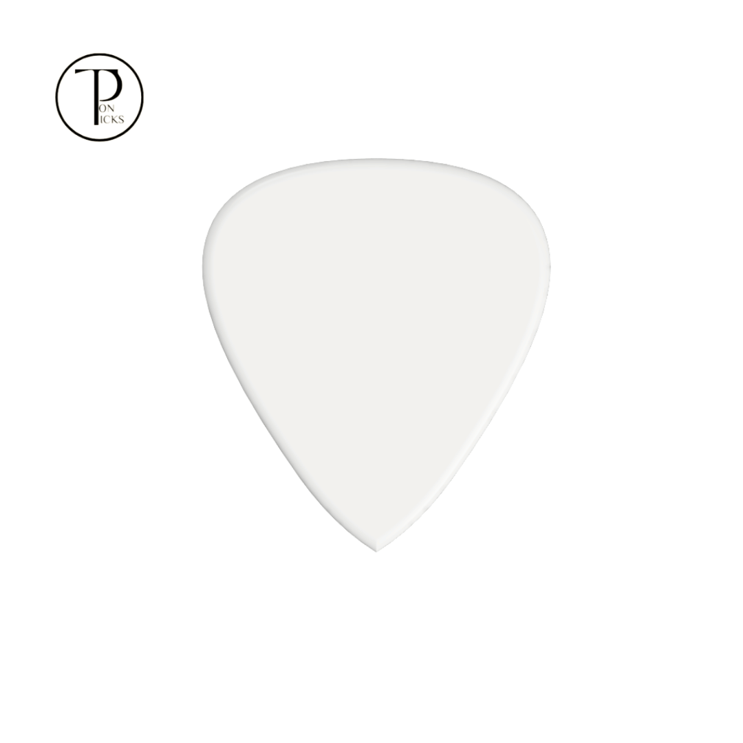A custom band name printed in black ink on a polished white guitar pick by Ton Picks.
