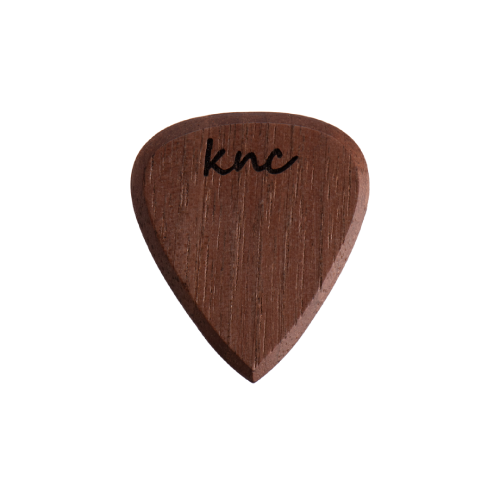 A personalized Walnut wood pick with a custom name laser-engraved below the Knc logo.