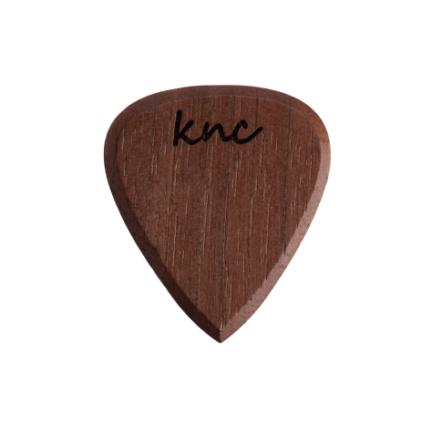 A personalized Walnut wood pick with a custom name laser-engraved below the Knc logo.