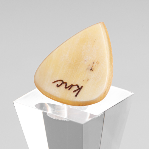 "Close-up detail of the horn pick, showing the unique natural color variations (yellows, browns, blacks).