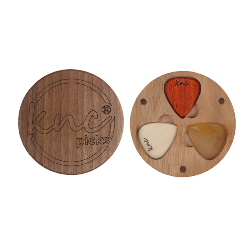 The Knc Picks 3-Piece Blues Wooden Pick Set, shown in its premium, wax-sealed wooden gift box.