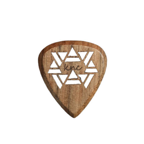 A Knc Picks 'Grippytron' custom guitar pick, showing its special ergonomic shape and high-grip textured surface.
