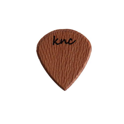 A Knc Picks handmade 'Lil One' (Jazz-style) guitar pick, crafted from natural Sycamore (Lacewood), highlighting its small shape and lacy grain.