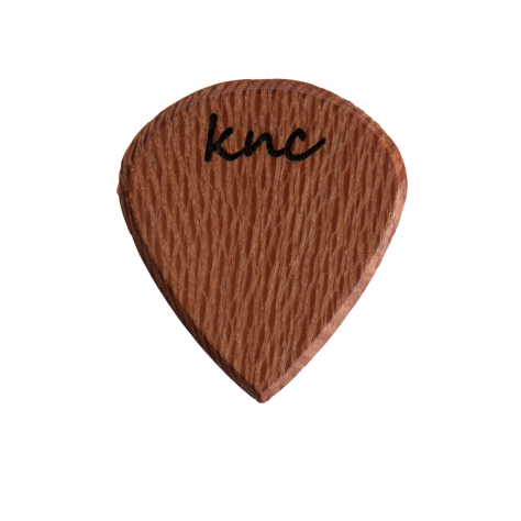 A Knc Picks handmade 'Lil One' (Jazz-style) guitar pick, crafted from natural Sycamore (Lacewood), highlighting its small shape and lacy grain.