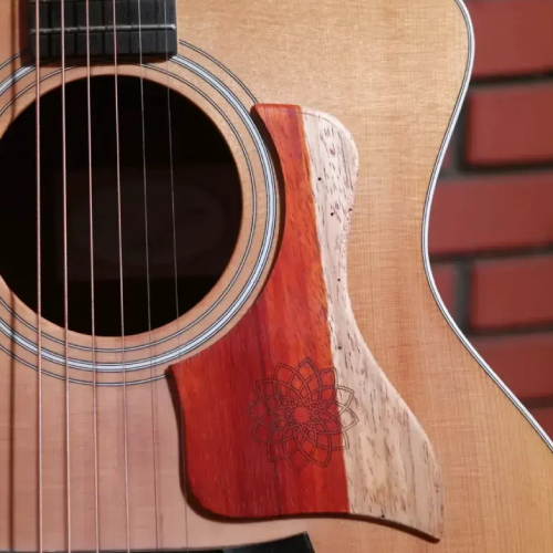 Knc Picks handmade Padouk wood acoustic golpeador (tap plate) featuring an elegant laser-engraved Lotus flower design.