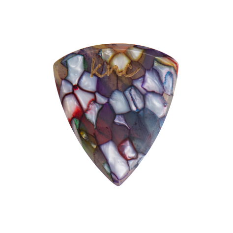 A Knc Picks handmade guitar pick made from Rainbow Galalith (Casein), showing the vibrant, pearlescent multi-color patterns.