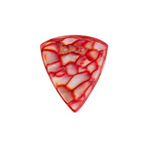 A Knc Picks handmade guitar pick made from Red Galalith (Casein), showing the vibrant, pearlescent red swirl patterns.