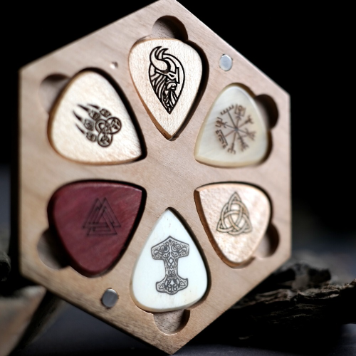 he Knc Picks Viking Saga 6-Pick Collector's Set, showing all 6 engraved picks in a handcrafted wooden gift box.