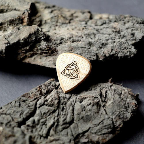 Handcrafted Purpleheart (Morkalp) wood guitar pick from the Knc Picks Viking Series, featuring a detailed laser-engraved Valknut logo.