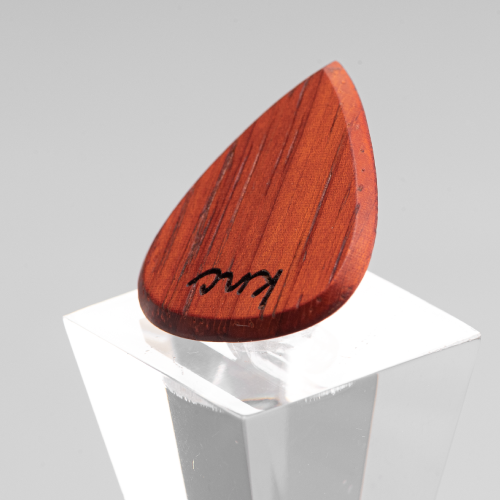 The reddish-orange Padouk wood pick shown as a wearable accessory on the optional necklace add-on.