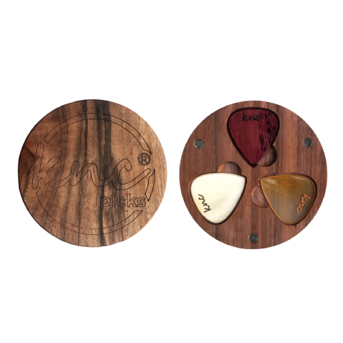 The 3-piece Rock Wooden Pick Set shown inside its premium Knc Picks wooden gift box, which features a special wax seal.