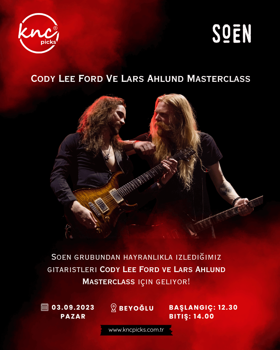 Event poster for the SOEN Masterclass, featuring photos of guitarists Cody Lee Ford and Lars Ahlund, with event details.