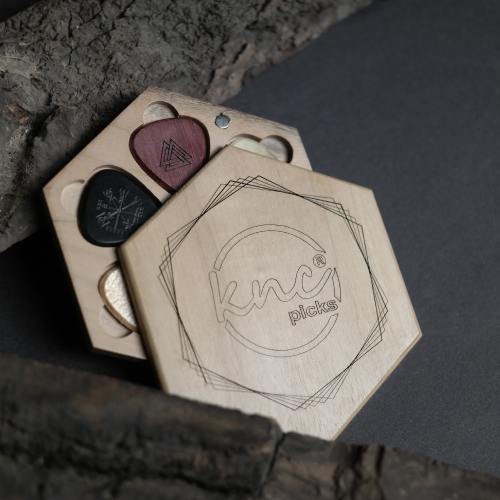 A macro close-up of a single engraved guitar pick from the Viking Set, showing a detailed Norse symbol (e.g., Vegvisir)