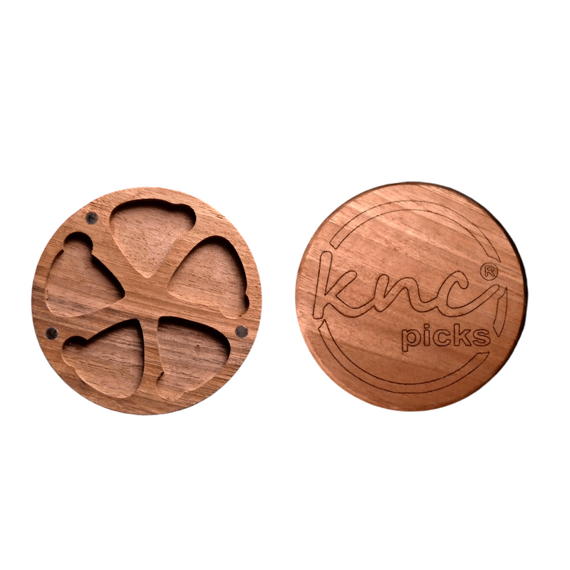 "The 5-Piece Wooden Pick Box shown open, highlighting the interior space designed to hold five guitar picks."